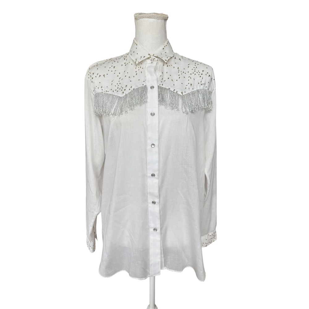 Cameo Rose White Western Fringe Shirt Silver Tassel Gold‎ Confetti Snap Front L